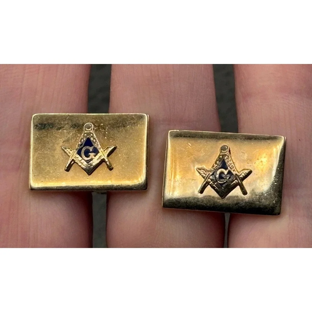 Vintage Flex-Let Masonic Free Mason Symbol Blue Enamel Cufflinks Gold Tone